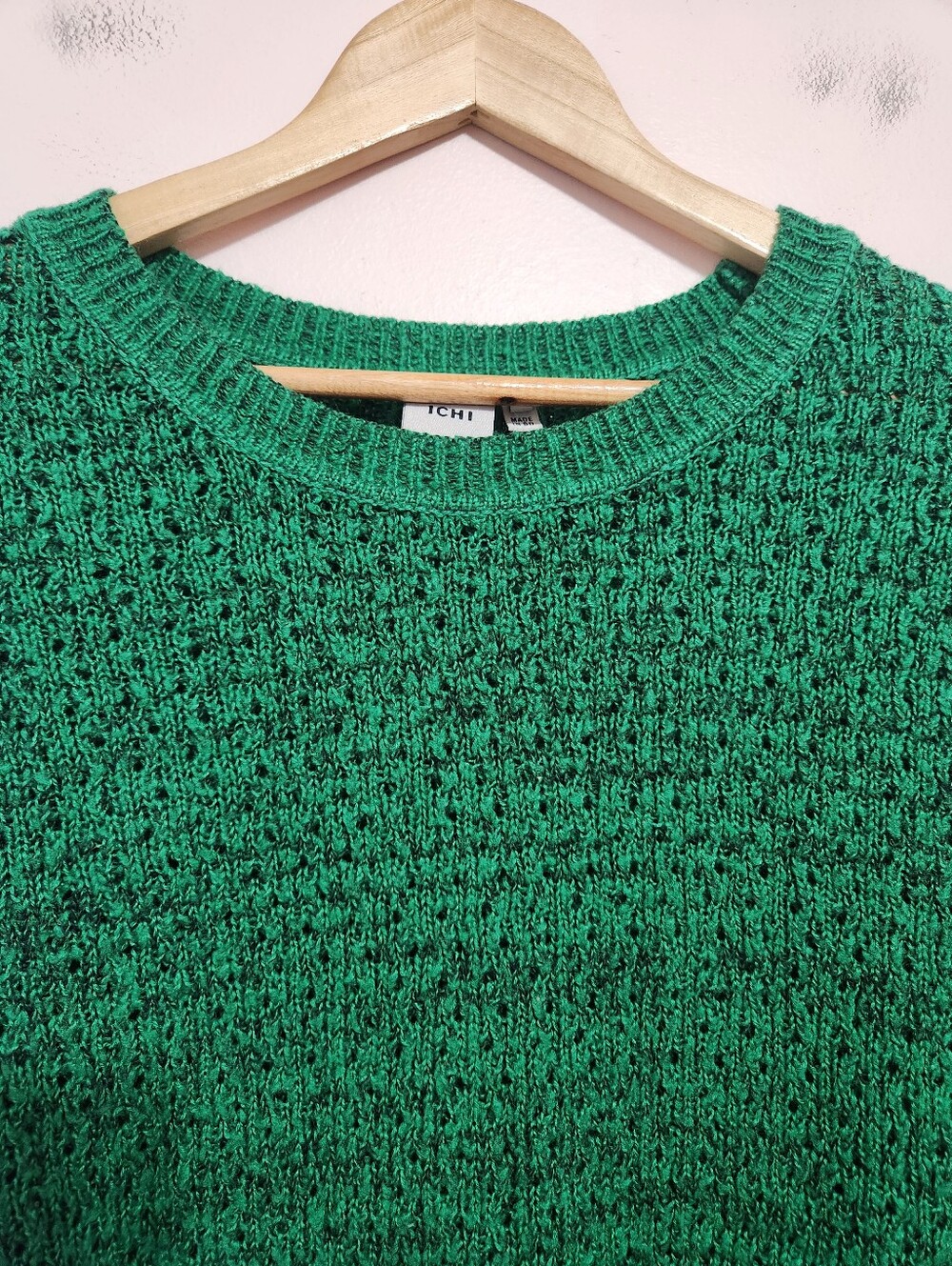 ICHI Iholanda Emerald Green Marled Open Knit Crewneck Long Sleeve Sweater Medium - Picture 3 of 8